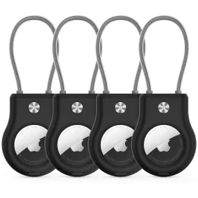 AirTag Keychain Holder - (4 Pack) Airtag Lock Case with Wire Cable Compatible with Apple AirTags,Ultra Durable Anti-Lost Protective Case with Keyring for Luggage, Key, Backpack, Pet, Bag, Black