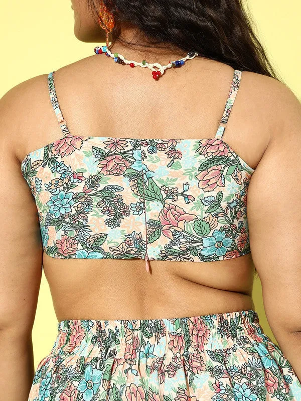 Berrylush Women Plus Size White & Multicolour Floral Printed Square Neck Crop Top & Tie-Up Front Shorts With Shrug