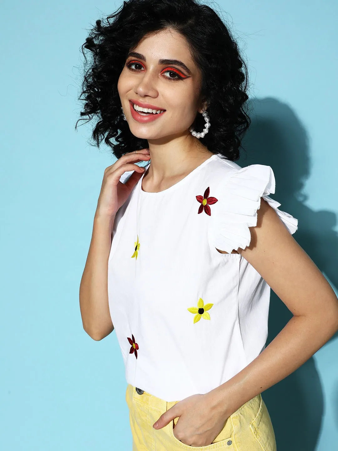 Berrylush Women White & Maroon Floral Printed Round Neck Cotton Embroidered Regular Top