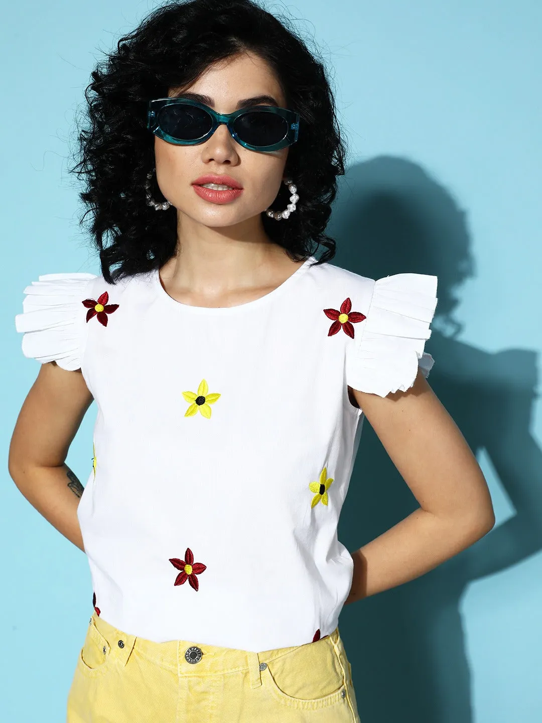 Berrylush Women White & Maroon Floral Printed Round Neck Cotton Embroidered Regular Top