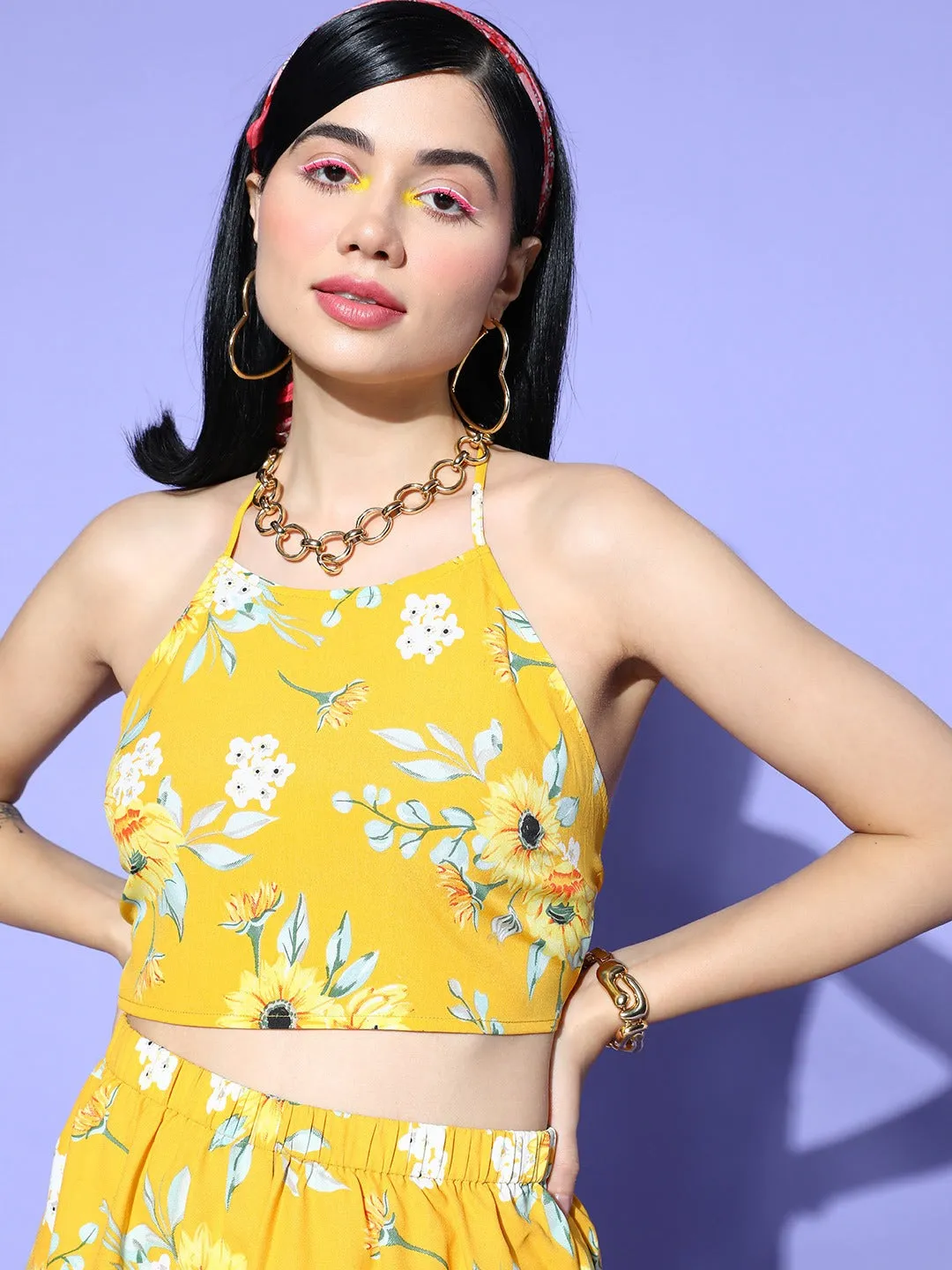 Berrylush Women Yellow & White Floral Printed Halter Neck Tie-Up Back Crop Top & Slip-On Mini Shorts Co-Ord Set