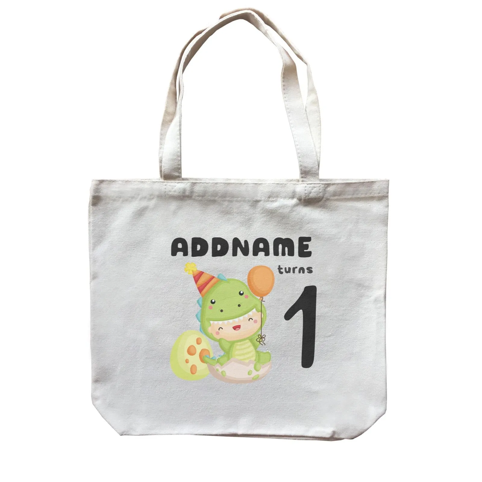 Birthday Dinosaur Happy Baby Wearing Dinosaur Suit Addname Turns 1 Canvas Bag
