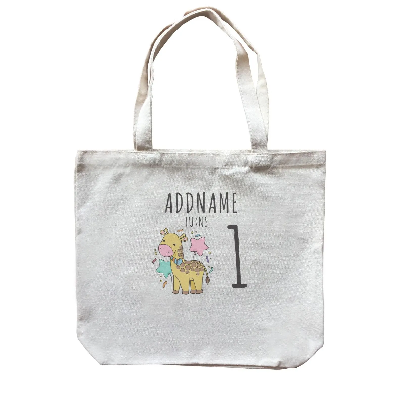 Birthday Sketch Animals Giraffe with Party Horn Addname Turns 1 Canvas Bag