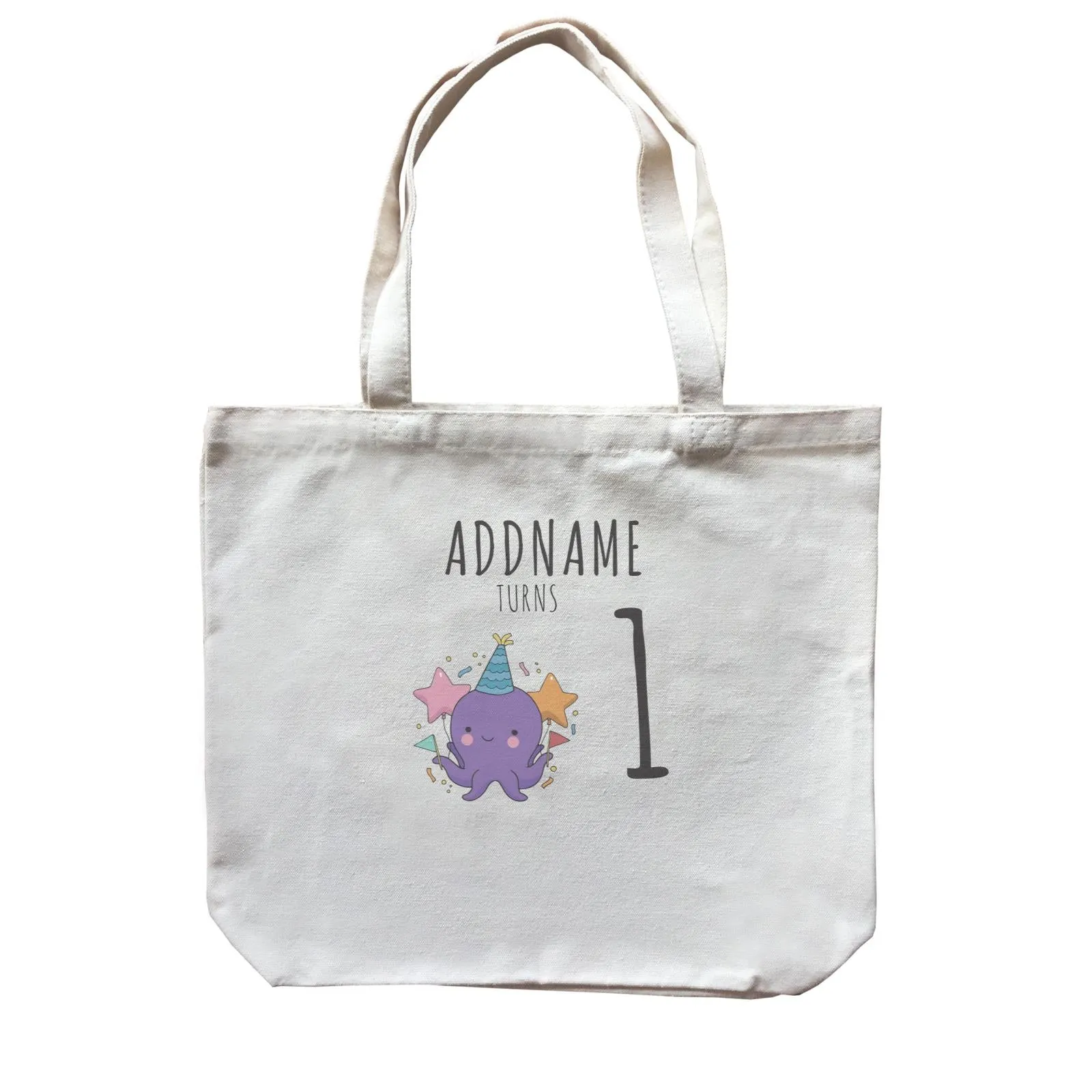 Birthday Sketch Animals Octopus with Flags Addname Turns 1 Canvas Bag