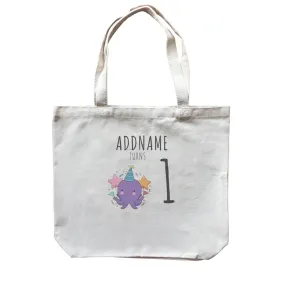 Birthday Sketch Animals Octopus with Flags Addname Turns 1 Canvas Bag