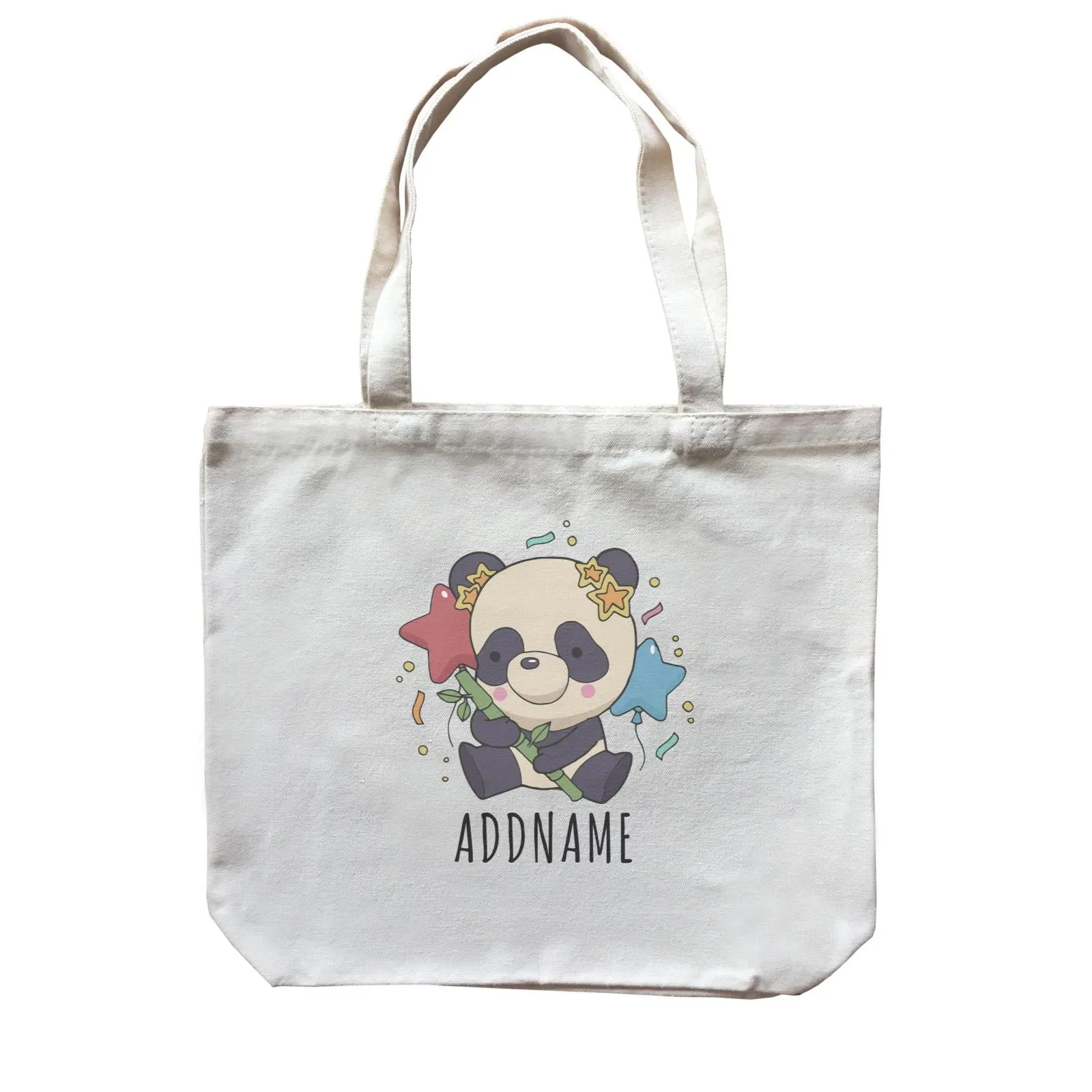 Birthday Sketch Animals Panda with Party Hat Holding Bamboo Addname Canvas Bag