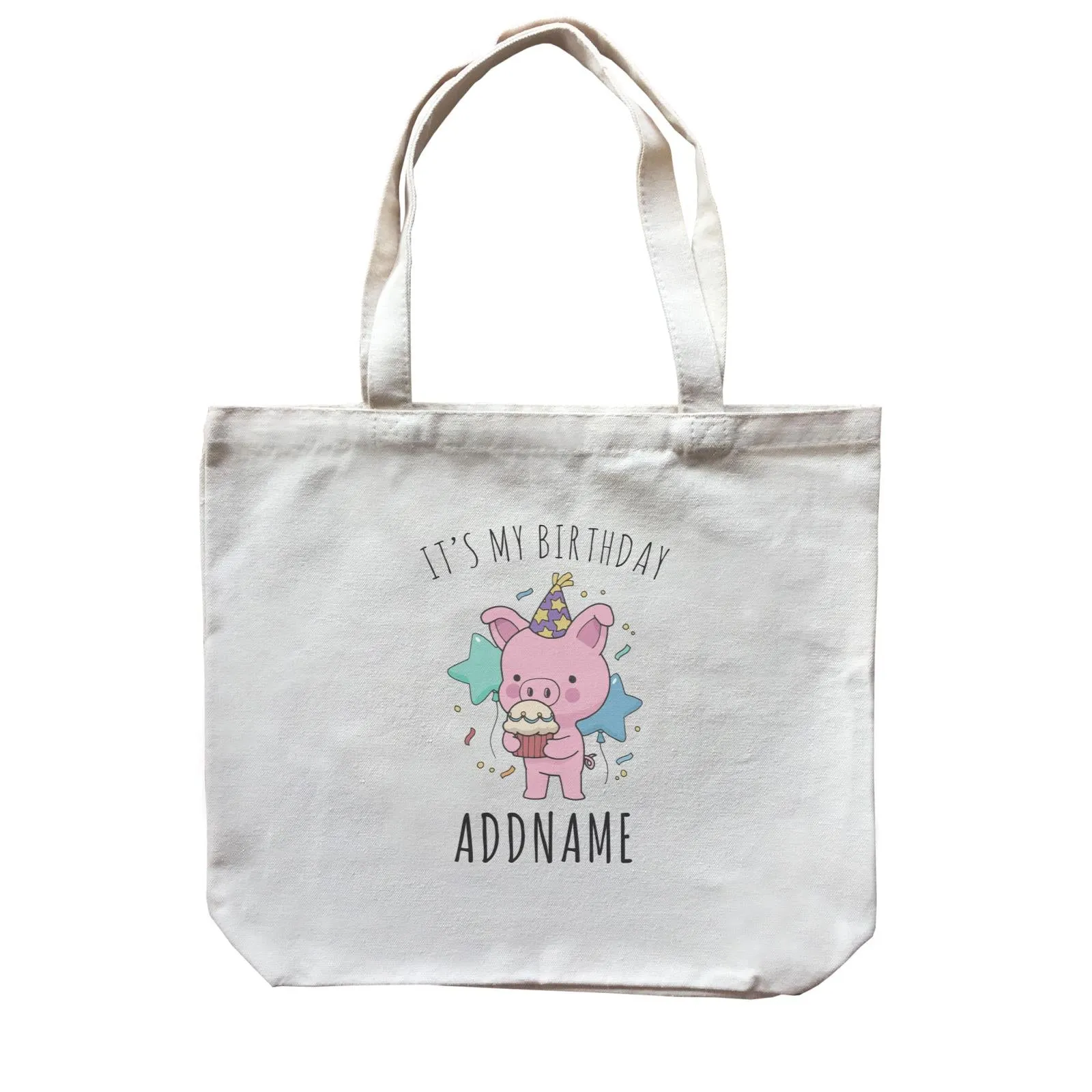 Birthday Sketch Animals Pig with Party Hat Eating Cupcake It's My Birthday Addname Canvas Bag