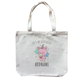 Birthday Sketch Animals Pig with Party Hat Eating Cupcake It's My Birthday Addname Canvas Bag