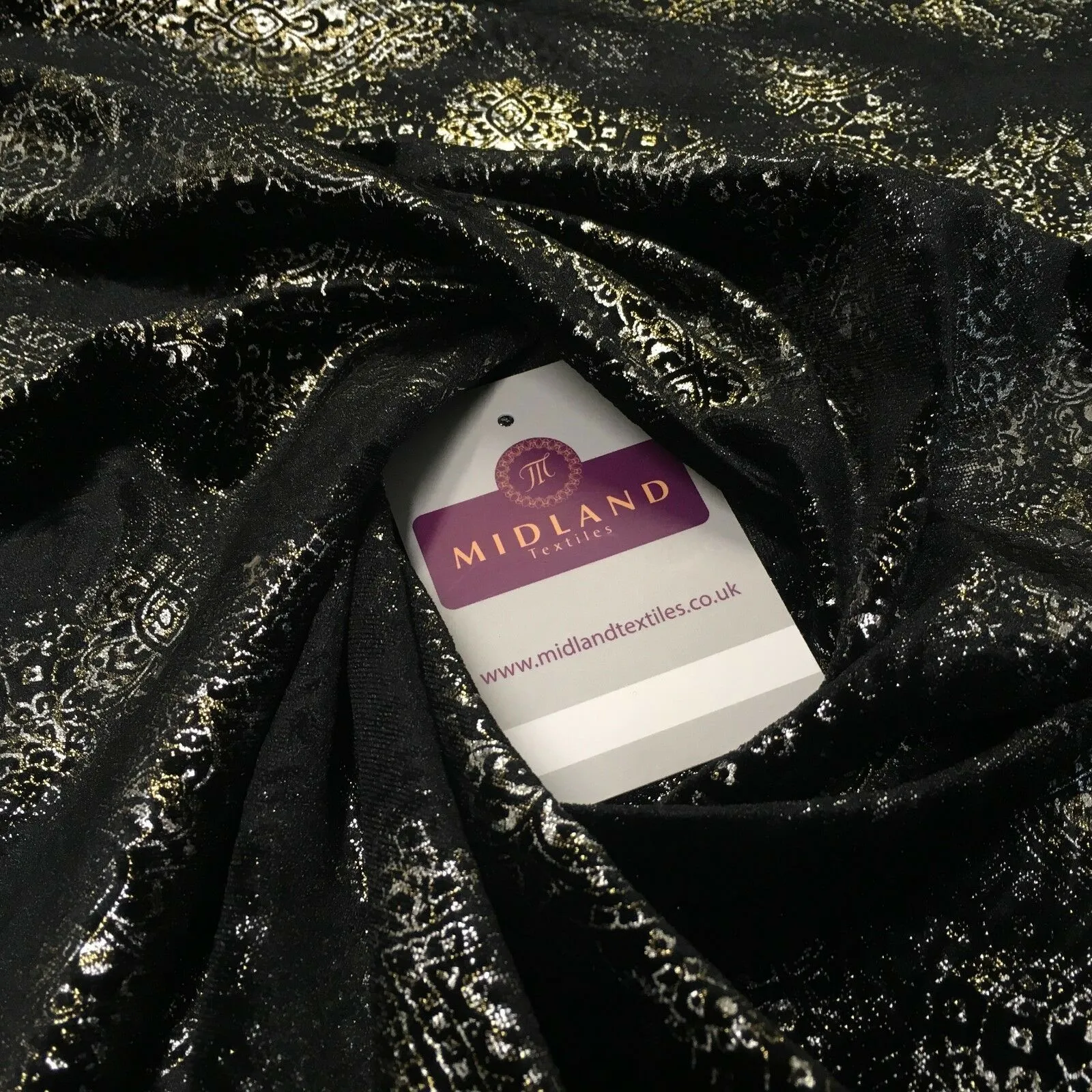Black Gold Silver Embossed Foil Ornamental Velvet Velour stretch Fabric 58" M971