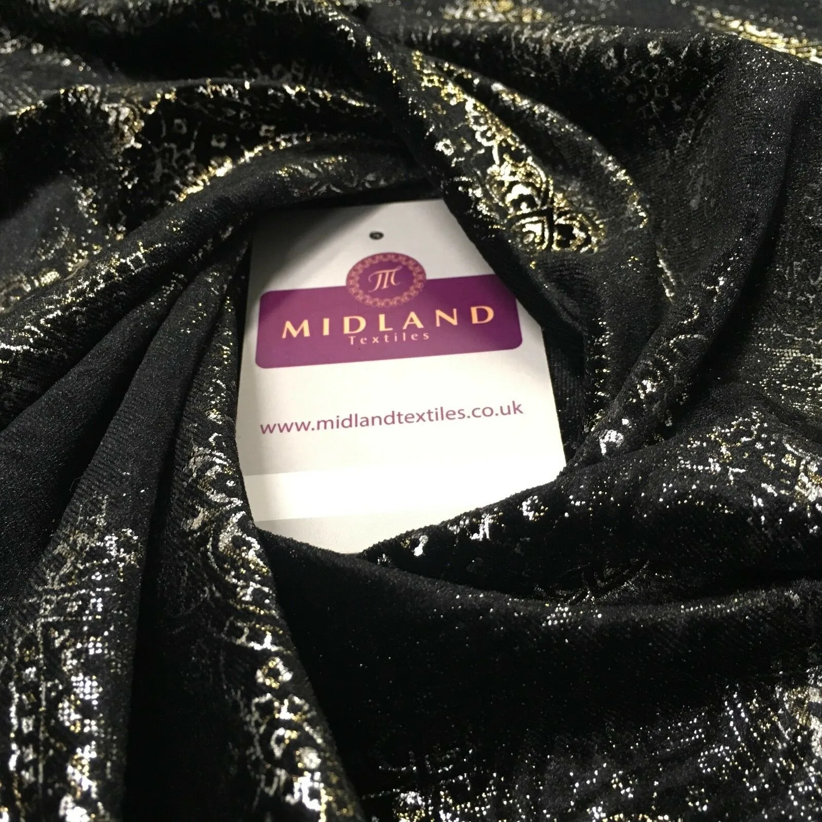 Black Gold Silver Embossed Foil Ornamental Velvet Velour stretch Fabric 58" M971