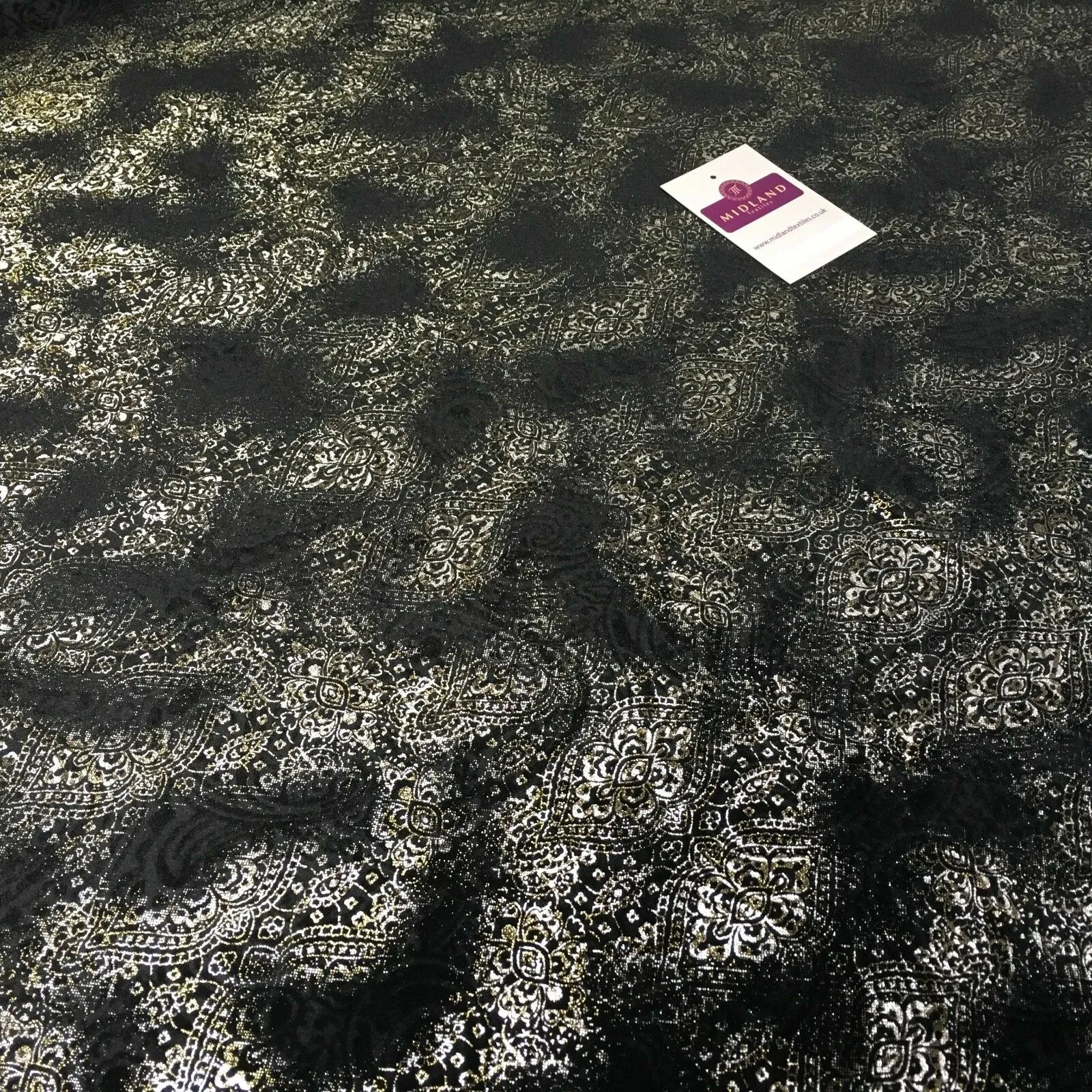 Black Gold Silver Embossed Foil Ornamental Velvet Velour stretch Fabric 58" M971