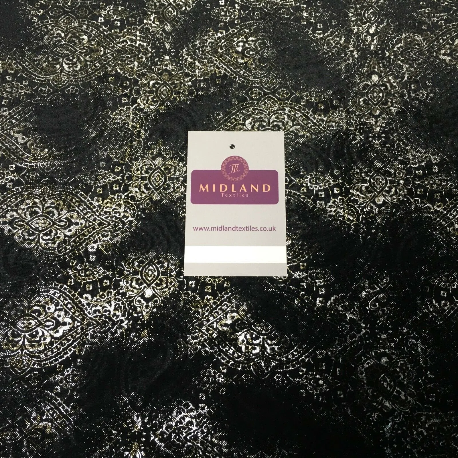 Black Gold Silver Embossed Foil Ornamental Velvet Velour stretch Fabric 58" M971