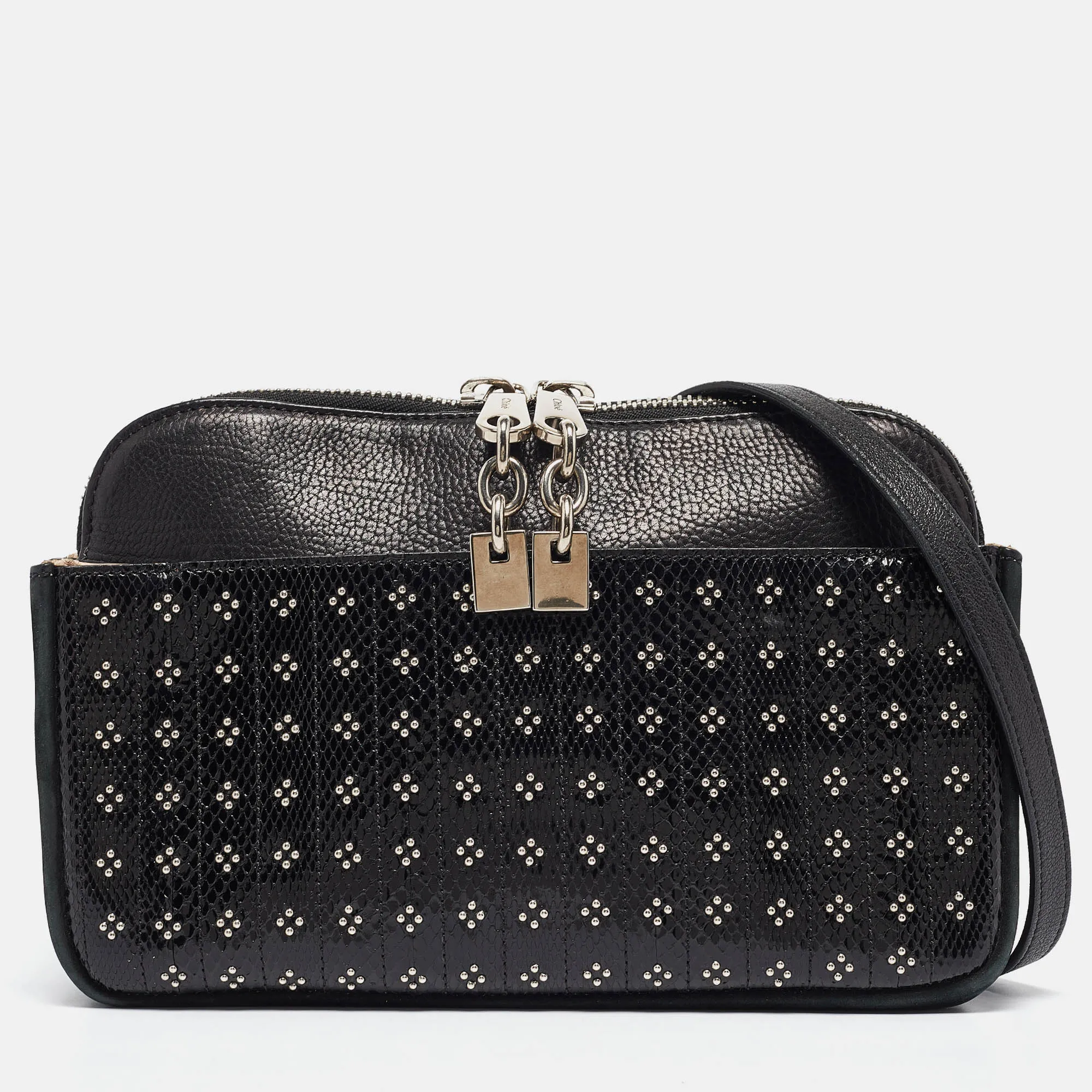 Black Snakeskin, Nubuck and Leather Studded Crossbody Bag