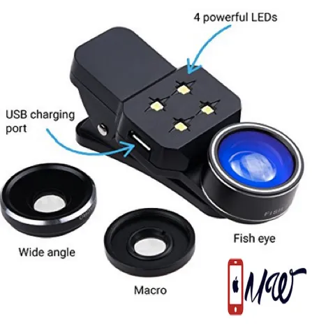Camera Lens Kit with LED Light for Mobile Phone - Universal - Fisheye, Wide Angle and Macro Lens - Amazing Upgrade for Apple iPhone, (not suitable for iPhone 7 Plus)