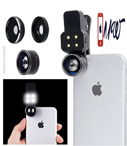 Camera Lens Kit with LED Light for Mobile Phone - Universal - Fisheye, Wide Angle and Macro Lens - Amazing Upgrade for Apple iPhone, (not suitable for iPhone 7 Plus)