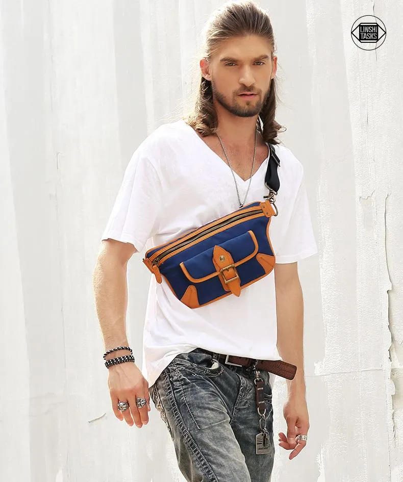 Casual Blue Nylon Leather Fanny Pack Men's Chest Bag Hip Bag Waist Bag For Men