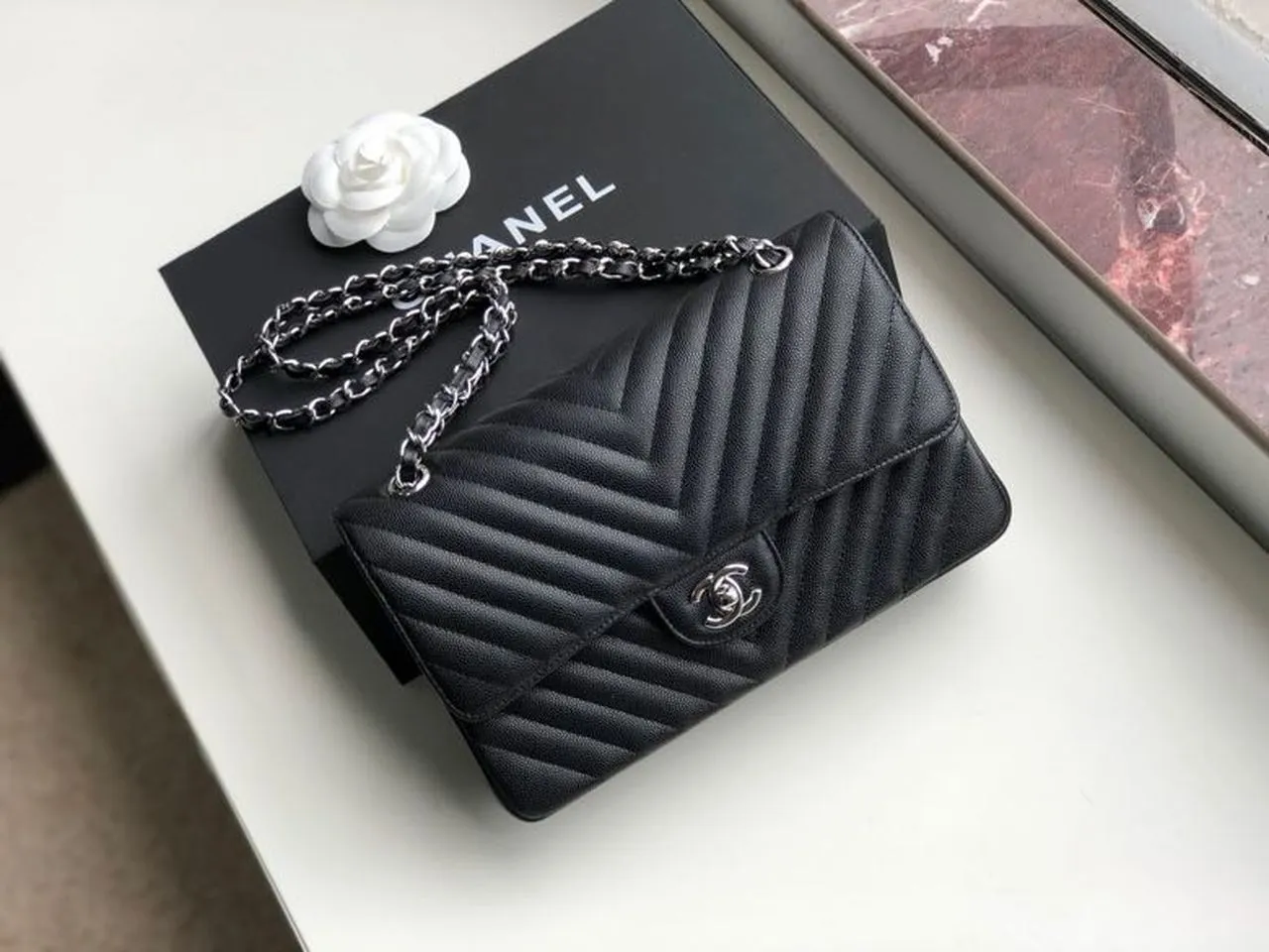 CHL Chevron Classic Handbag Silver Hardware Black For Women, Women&#8217;s Bags, Shoulder And Crossbody Bags 10.2in/26cm