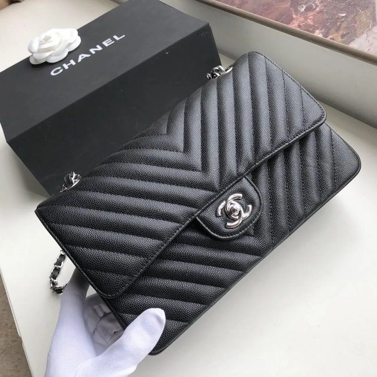 CHL Chevron Classic Handbag Silver Hardware Black For Women, Women&#8217;s Bags, Shoulder And Crossbody Bags 10.2in/26cm