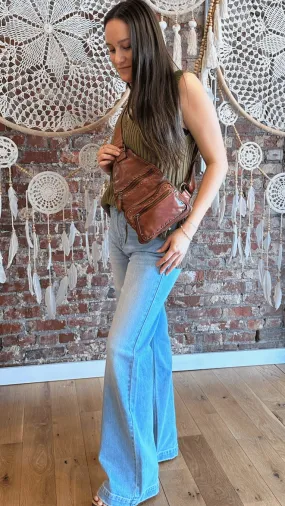 Cognac Italian Leather Studded Sling Bag