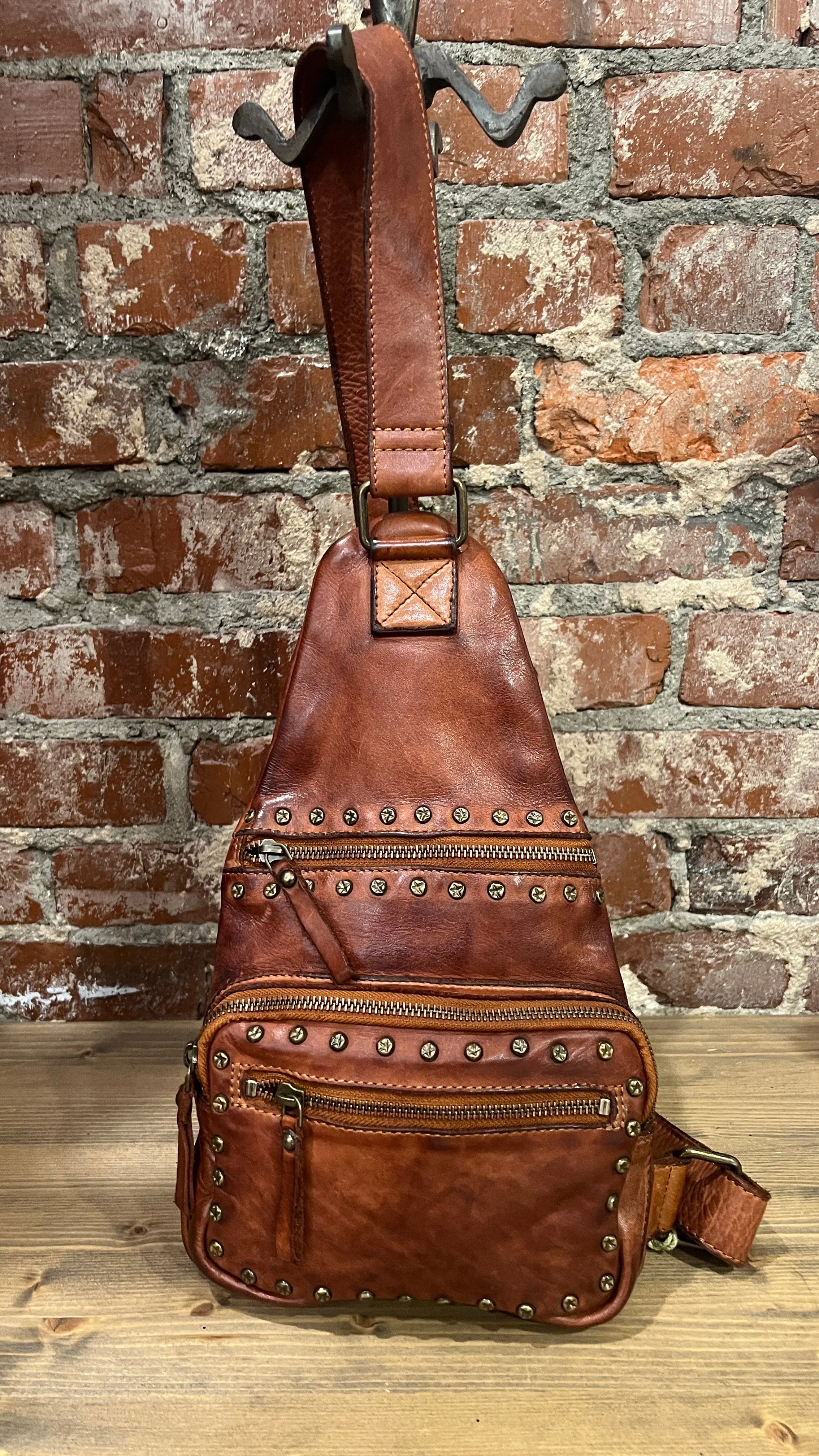 Cognac Italian Leather Studded Sling Bag