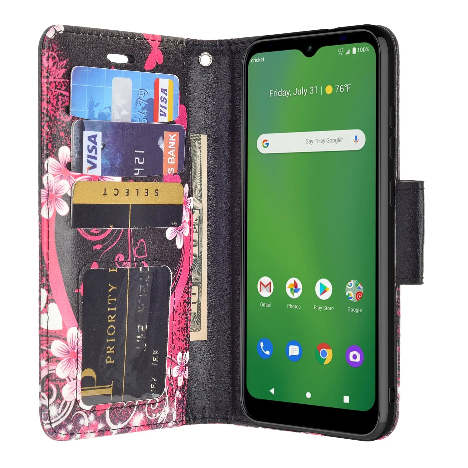 Cricket Ovation Case, AT&T Radiant Max Wallet Case, Wrist Strap Pu Leather Wallet Case [Kickstand] with ID & Credit Card Slots - Heart Butterflies