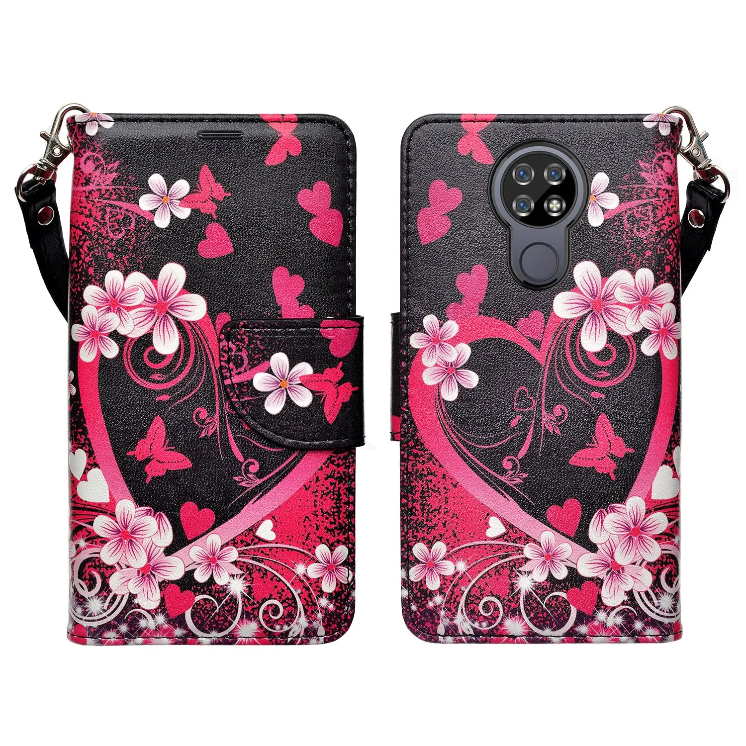 Cricket Ovation Case, AT&T Radiant Max Wallet Case, Wrist Strap Pu Leather Wallet Case [Kickstand] with ID & Credit Card Slots - Heart Butterflies