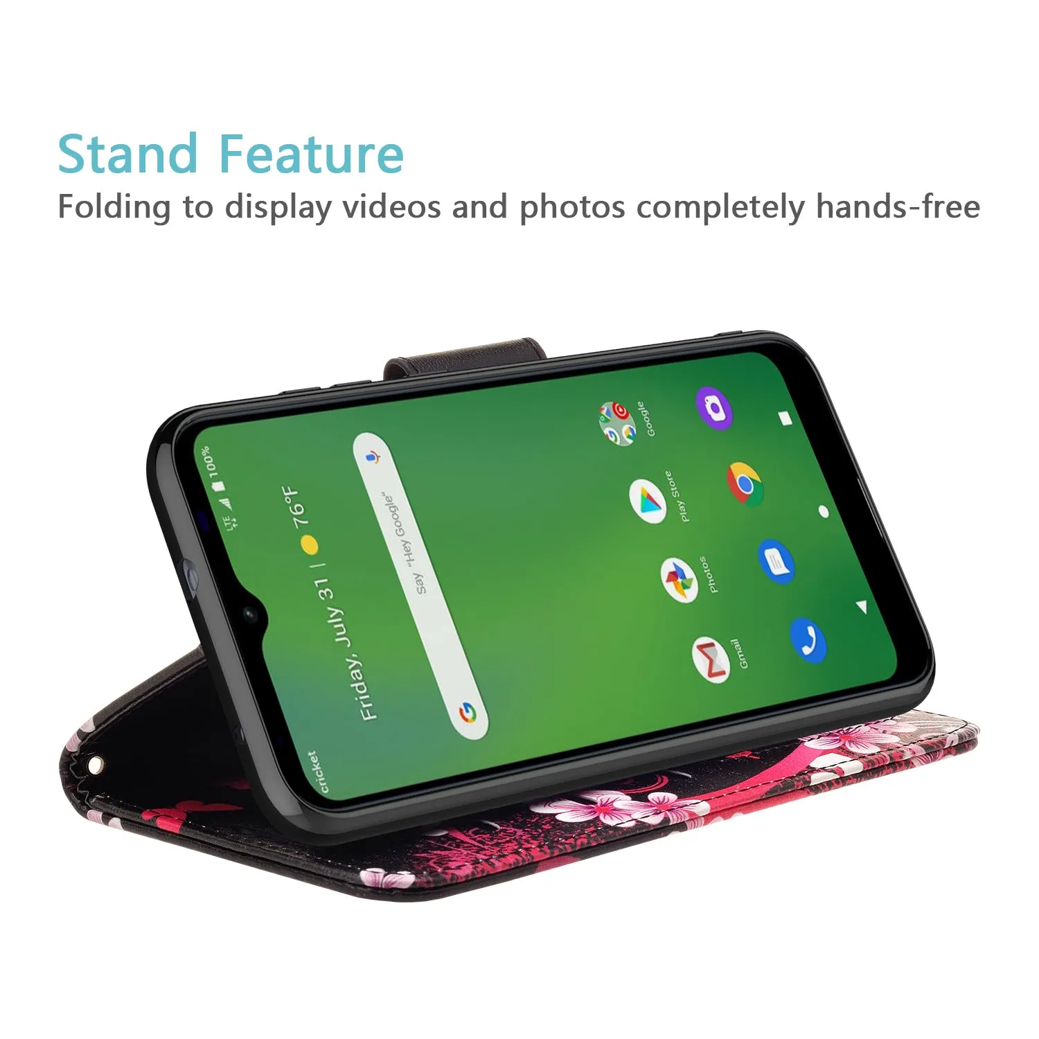 Cricket Ovation Case, AT&T Radiant Max Wallet Case, Wrist Strap Pu Leather Wallet Case [Kickstand] with ID & Credit Card Slots - Heart Butterflies