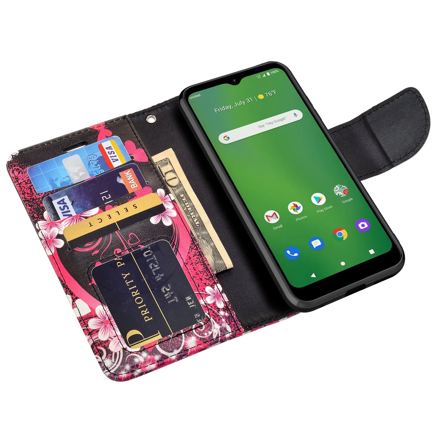 Cricket Ovation Case, AT&T Radiant Max Wallet Case, Wrist Strap Pu Leather Wallet Case [Kickstand] with ID & Credit Card Slots - Heart Butterflies