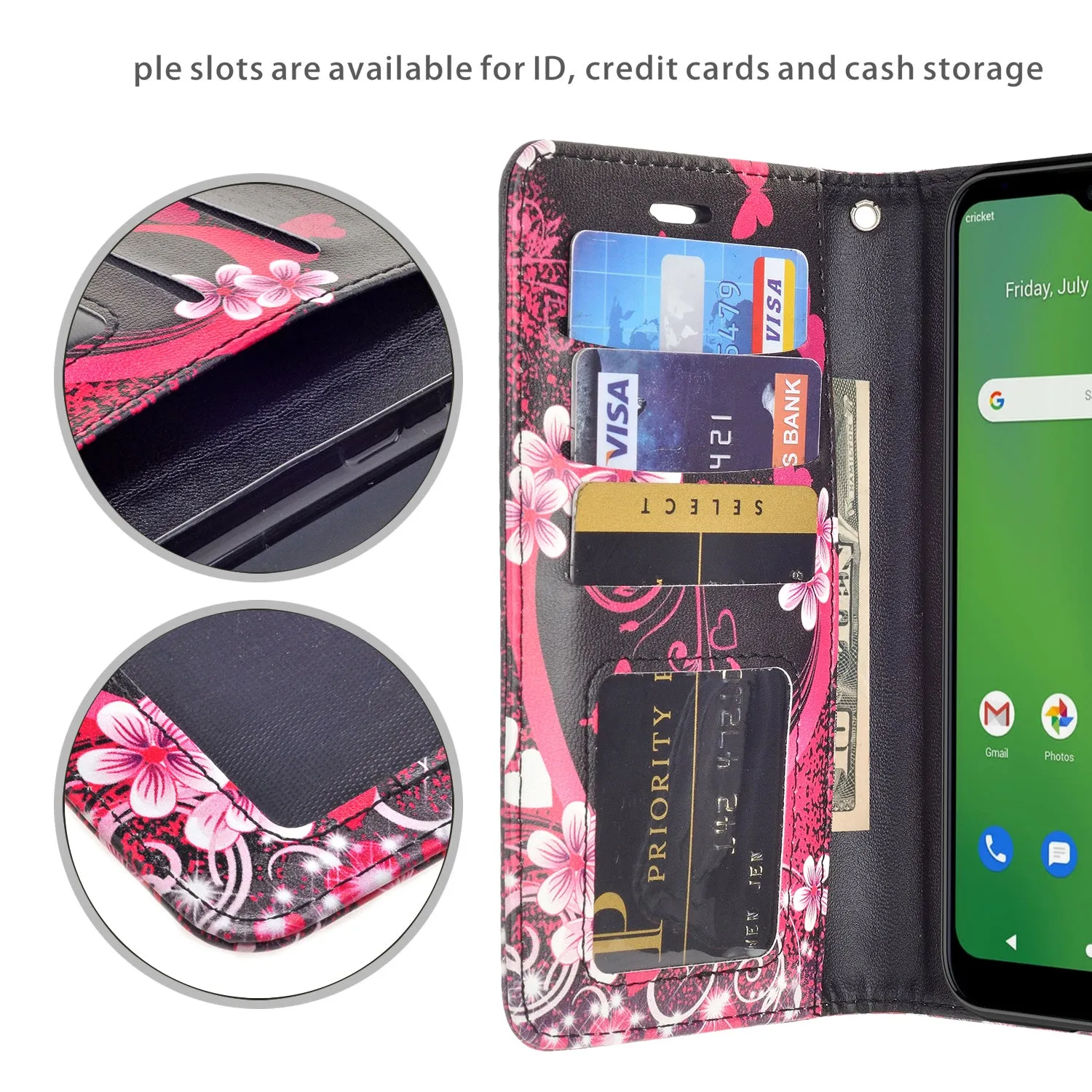 Cricket Ovation Case, AT&T Radiant Max Wallet Case, Wrist Strap Pu Leather Wallet Case [Kickstand] with ID & Credit Card Slots - Heart Butterflies