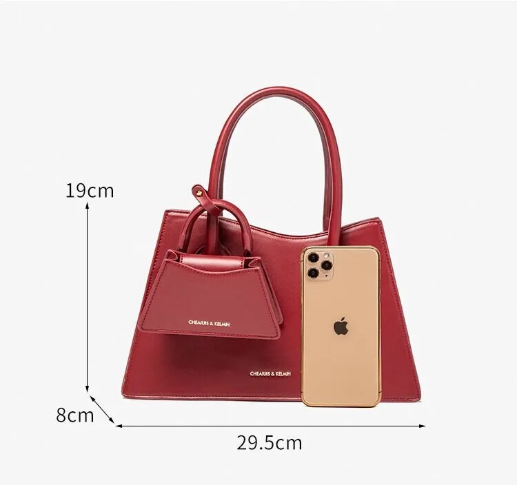 Cute Red Solid Color 2 in 1 Minimalist Luxury Genuine Leather Handheld Handbag for Women   Mini Handbag, Shoulder Bag, Crossbody Bag