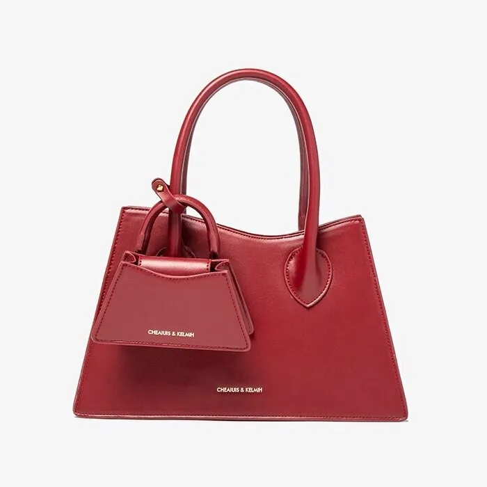 Cute Red Solid Color 2 in 1 Minimalist Luxury Genuine Leather Handheld Handbag for Women   Mini Handbag, Shoulder Bag, Crossbody Bag