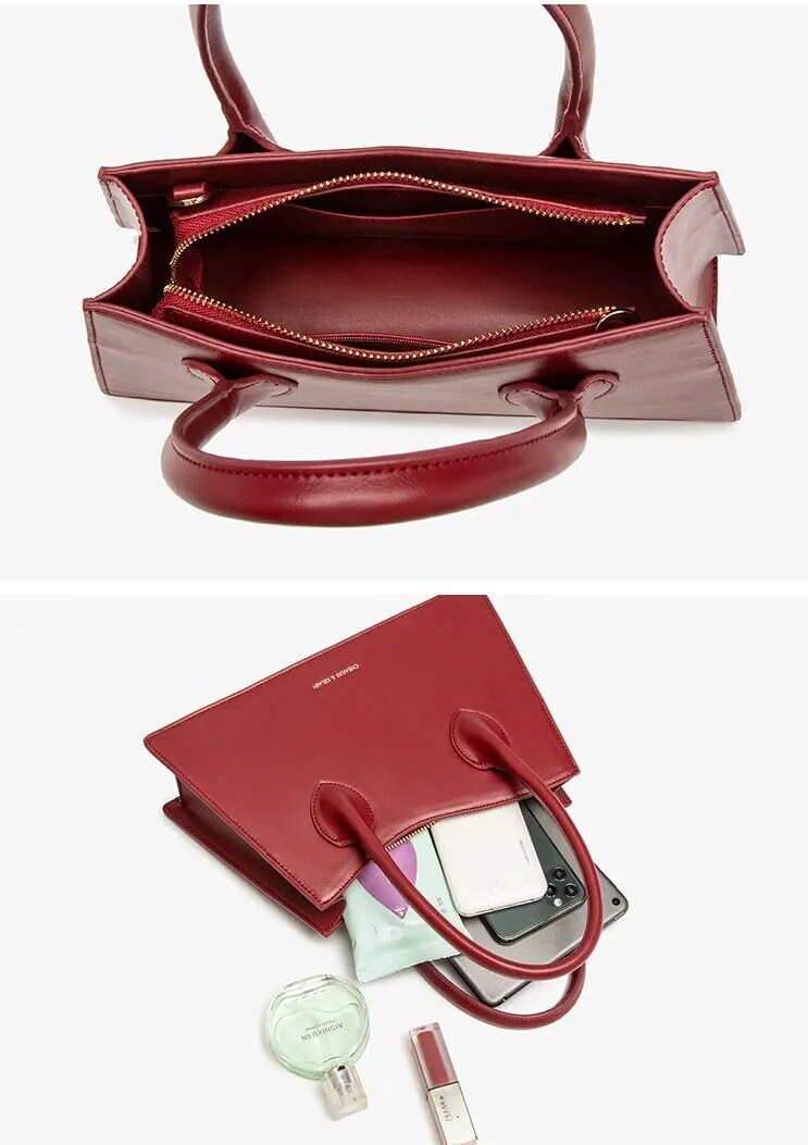 Cute Red Solid Color 2 in 1 Minimalist Luxury Genuine Leather Handheld Handbag for Women   Mini Handbag, Shoulder Bag, Crossbody Bag
