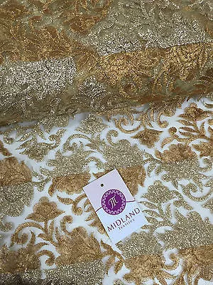 Gold Diamond Floral Ornamental Thread Embroided Net Fabric 34" Wide M234 Mtex