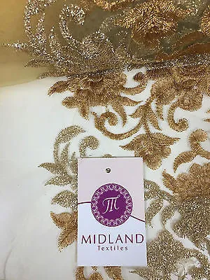 Gold Diamond Floral Ornamental Thread Embroided Net Fabric 34" Wide M234 Mtex