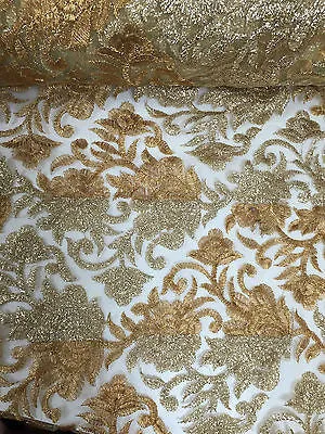Gold Diamond Floral Ornamental Thread Embroided Net Fabric 34" Wide M234 Mtex