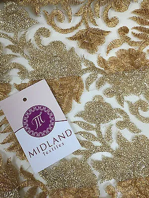 Gold Diamond Floral Ornamental Thread Embroided Net Fabric 34" Wide M234 Mtex