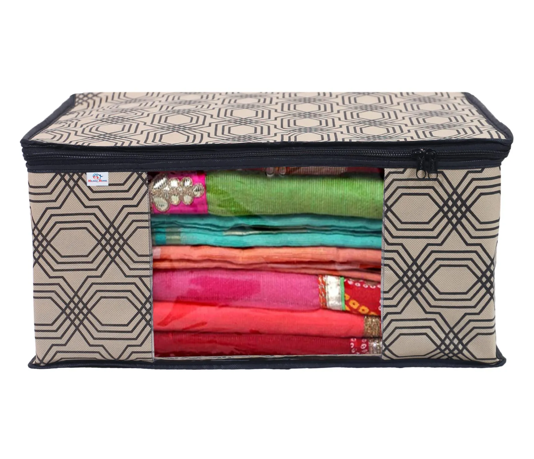Heart Home Honeycomb Print Non-Woven Foldable Saree Cover|Clothes For Home & Traveling With Transparent, Extra Large Pack of 8 (Cream)