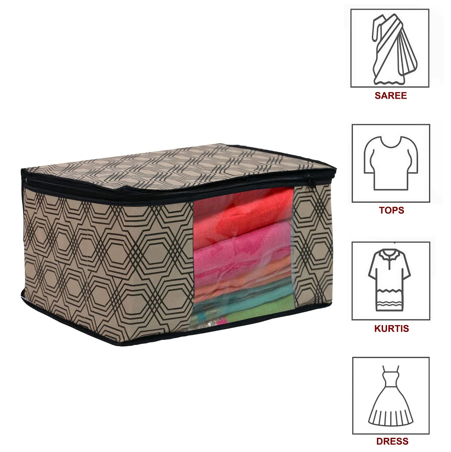 Heart Home Honeycomb Print Non-Woven Foldable Saree Cover|Clothes For Home & Traveling With Transparent, Extra Large Pack of 8 (Cream)
