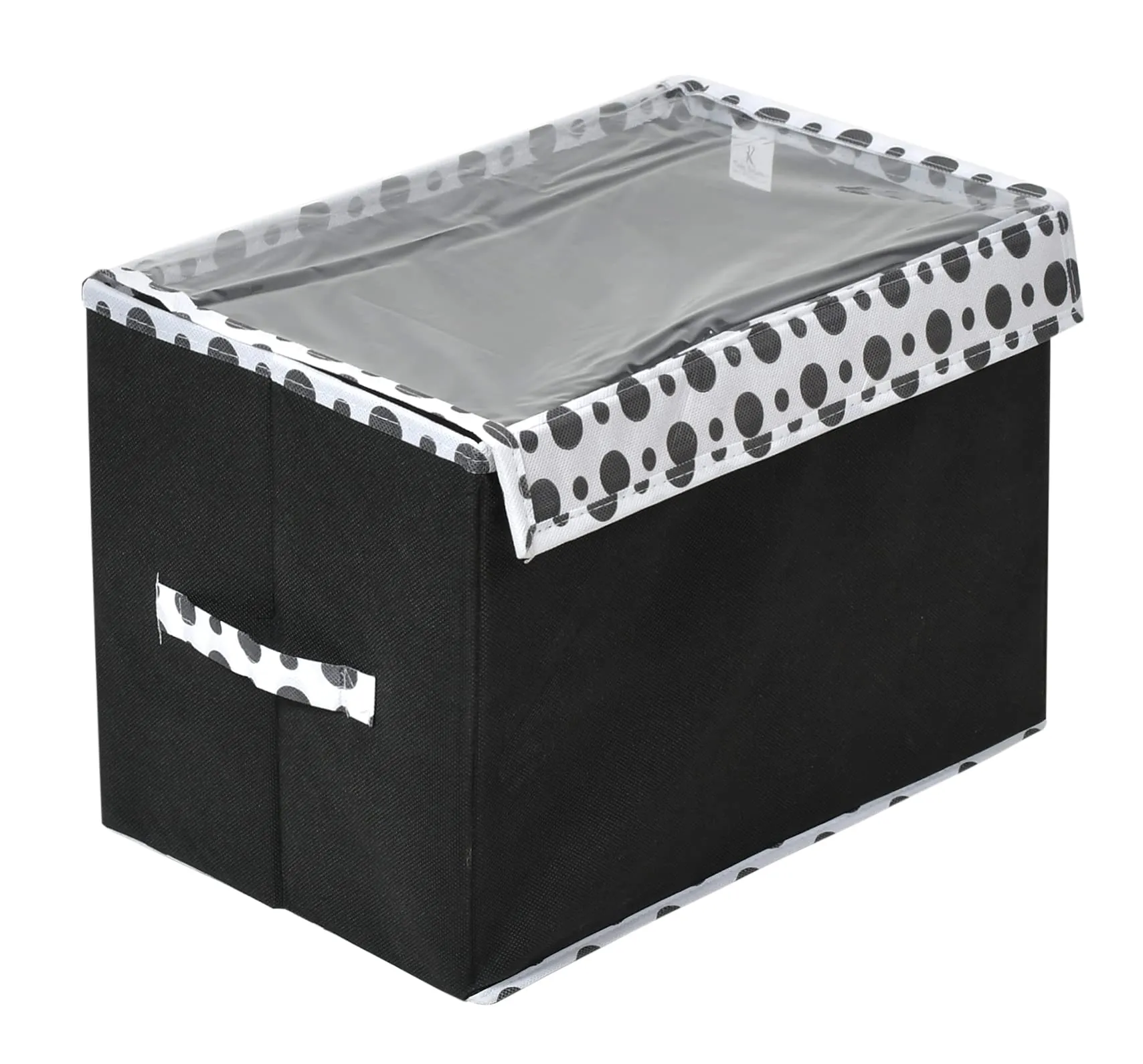 Kuber Industries Dot Printed Foldable Non-Woven 3 Pieces Storage Box/Bin For Books, Towels, Magazines, DVDs & More With Tranasparent Lid- Set of 3 (Black) -44KM0428