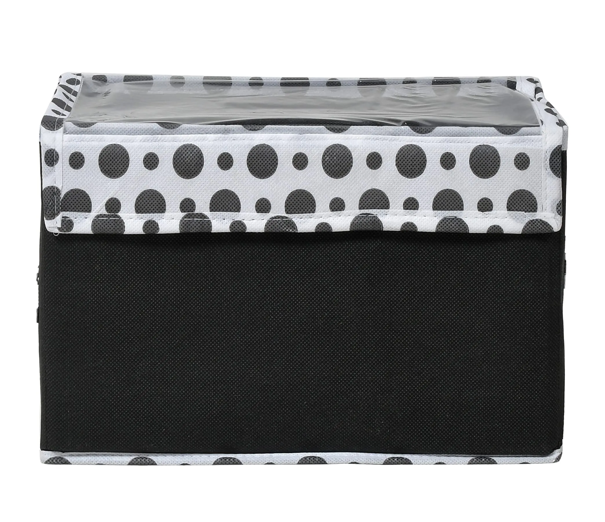 Kuber Industries Dot Printed Foldable Non-Woven 3 Pieces Storage Box/Bin For Books, Towels, Magazines, DVDs & More With Tranasparent Lid- Set of 3 (Black) -44KM0428