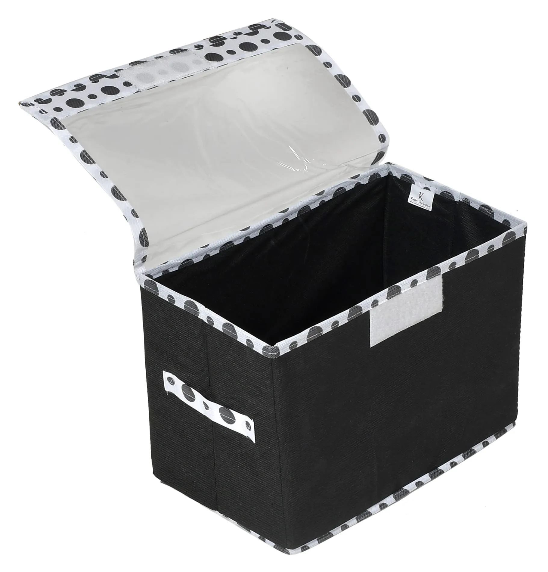 Kuber Industries Dot Printed Foldable Non-Woven 3 Pieces Storage Box/Bin For Books, Towels, Magazines, DVDs & More With Tranasparent Lid- Set of 3 (Black) -44KM0428