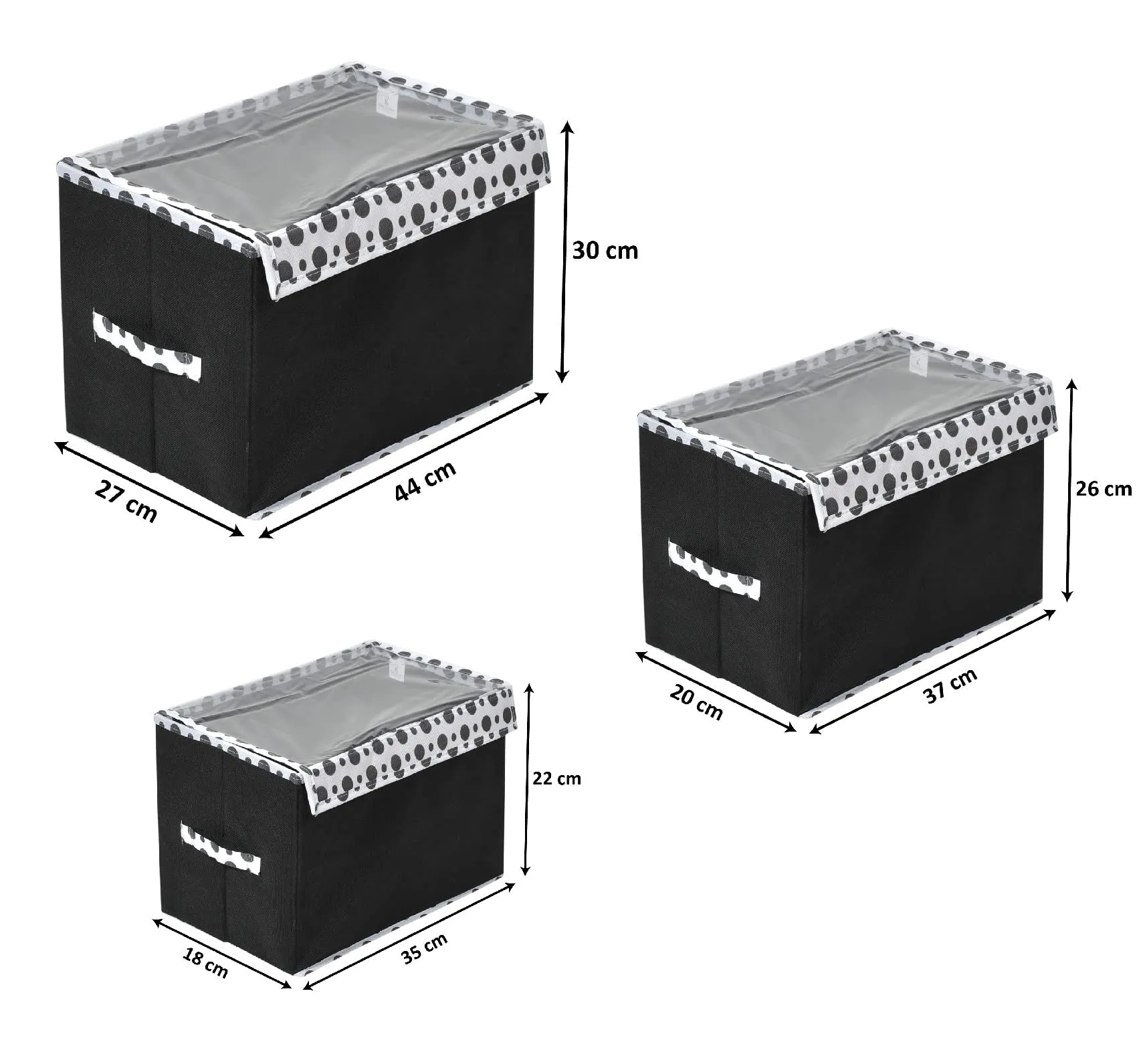 Kuber Industries Dot Printed Foldable Non-Woven 3 Pieces Storage Box/Bin For Books, Towels, Magazines, DVDs & More With Tranasparent Lid- Set of 3 (Black) -44KM0428