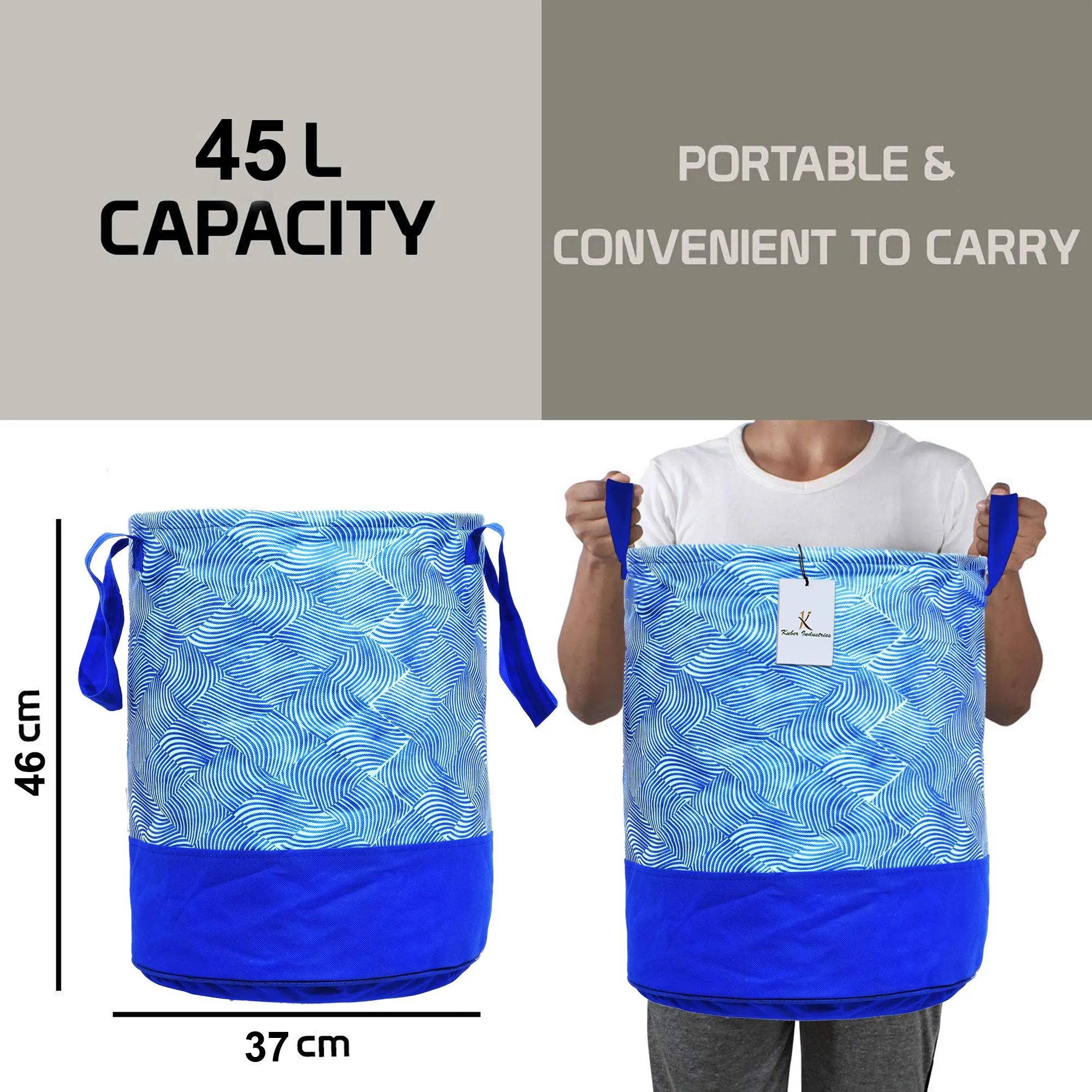 Kuber Industries Laheriya Printed Waterproof Canvas Laundry Bag|Toy Storage|Laundry Basket Organizer 45 L (Blue) CTKTC034625