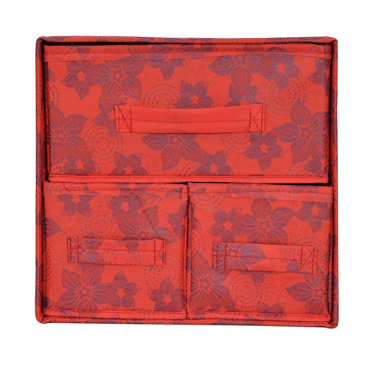 Kuber Industries Metallic Flower Printed 3 Drawers Foldable Non-Woven Dressing/Jewllery/Makeup Organizer Box (Red)-HS43KUBMART26848