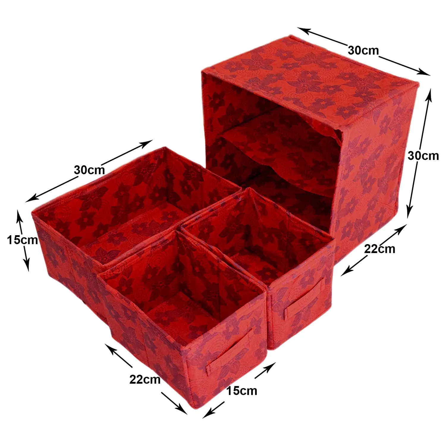 Kuber Industries Metallic Flower Printed 3 Drawers Foldable Non-Woven Dressing/Jewllery/Makeup Organizer Box (Red)-HS43KUBMART26848