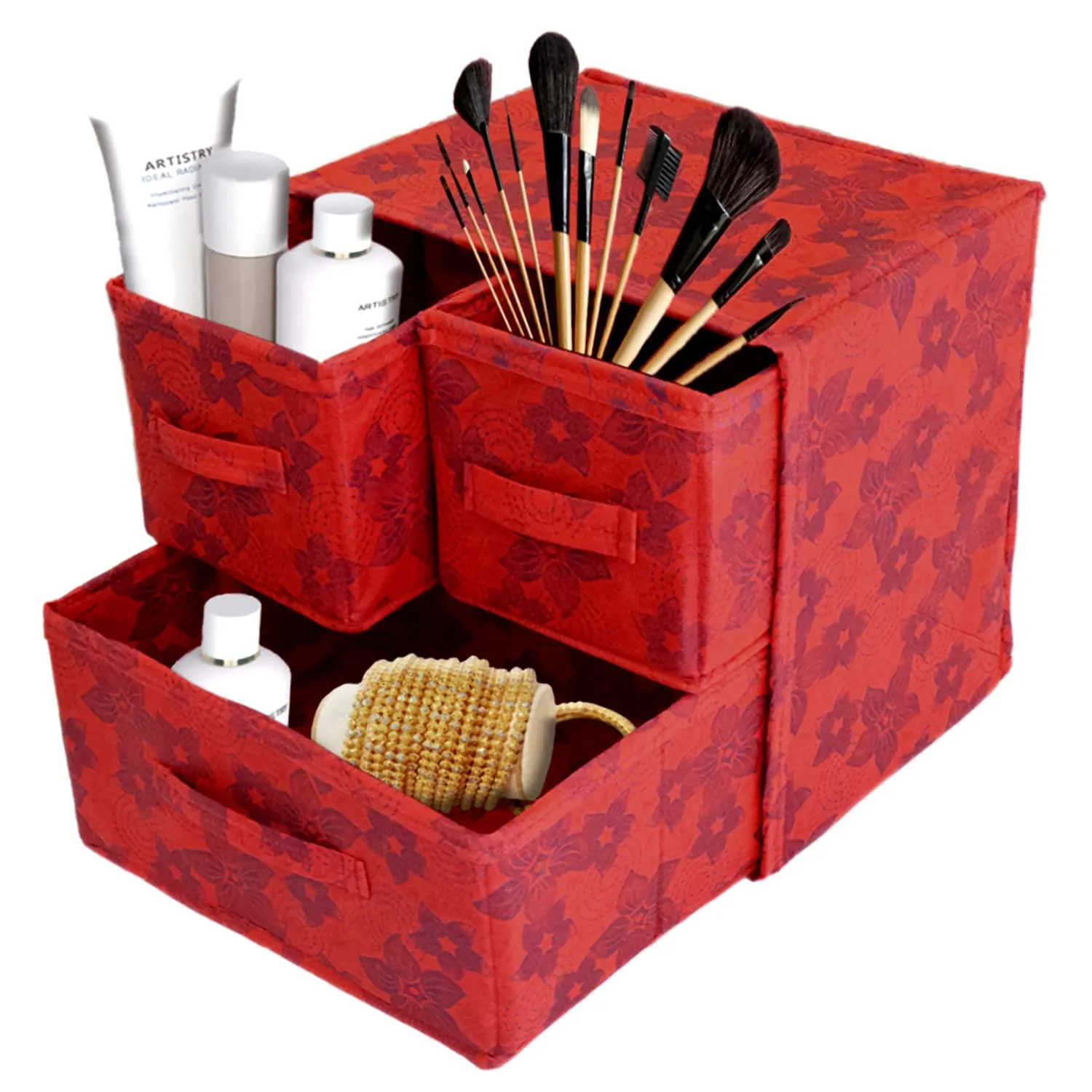 Kuber Industries Metallic Flower Printed 3 Drawers Foldable Non-Woven Dressing/Jewllery/Makeup Organizer Box (Red)-HS43KUBMART26848