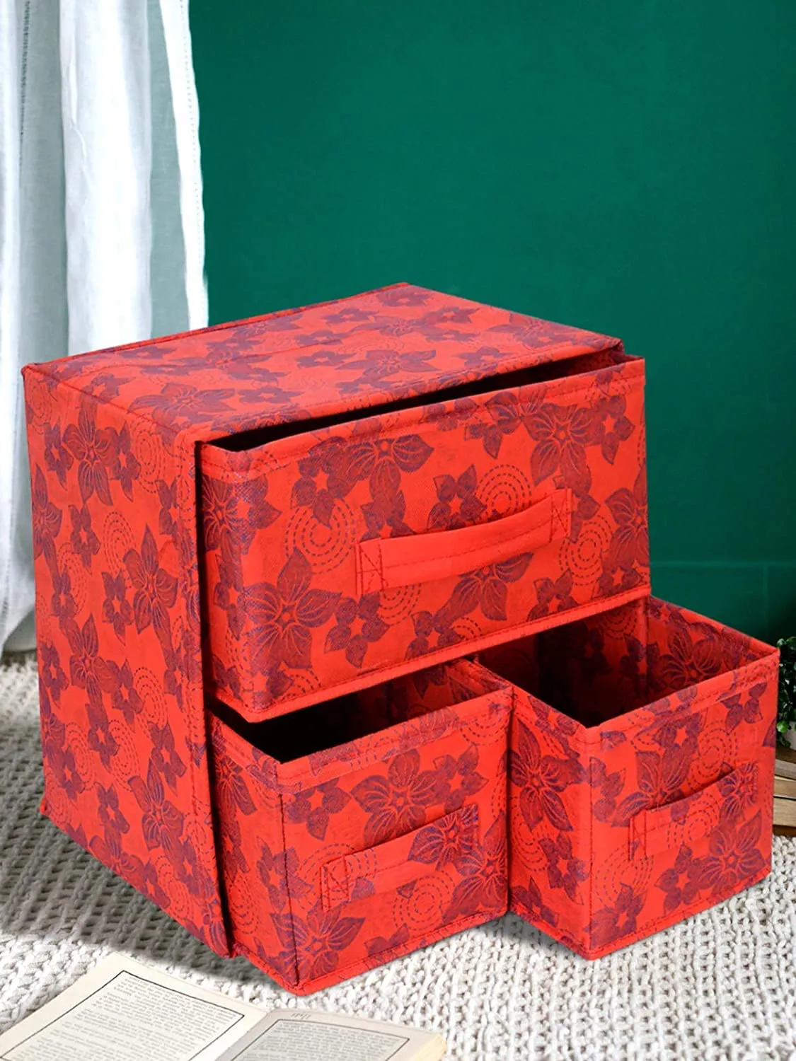 Kuber Industries Metallic Flower Printed 3 Drawers Foldable Non-Woven Dressing/Jewllery/Makeup Organizer Box (Red)-HS43KUBMART26848