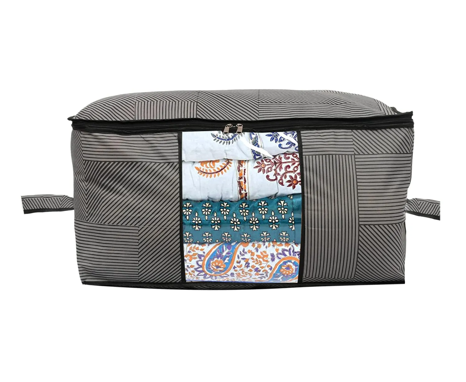 Kuber Industries Non-Woven Lining Print Blanket Cover|Clothes Organizer|Clothes Organizer With Transparent Window, Zipper Closure & Handle (Gray, Extra Large)