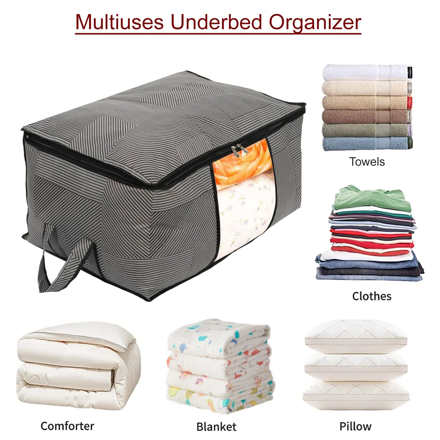 Kuber Industries Non-Woven Lining Print Blanket Cover|Clothes Organizer|Clothes Organizer With Transparent Window, Zipper Closure & Handle (Gray, Extra Large)