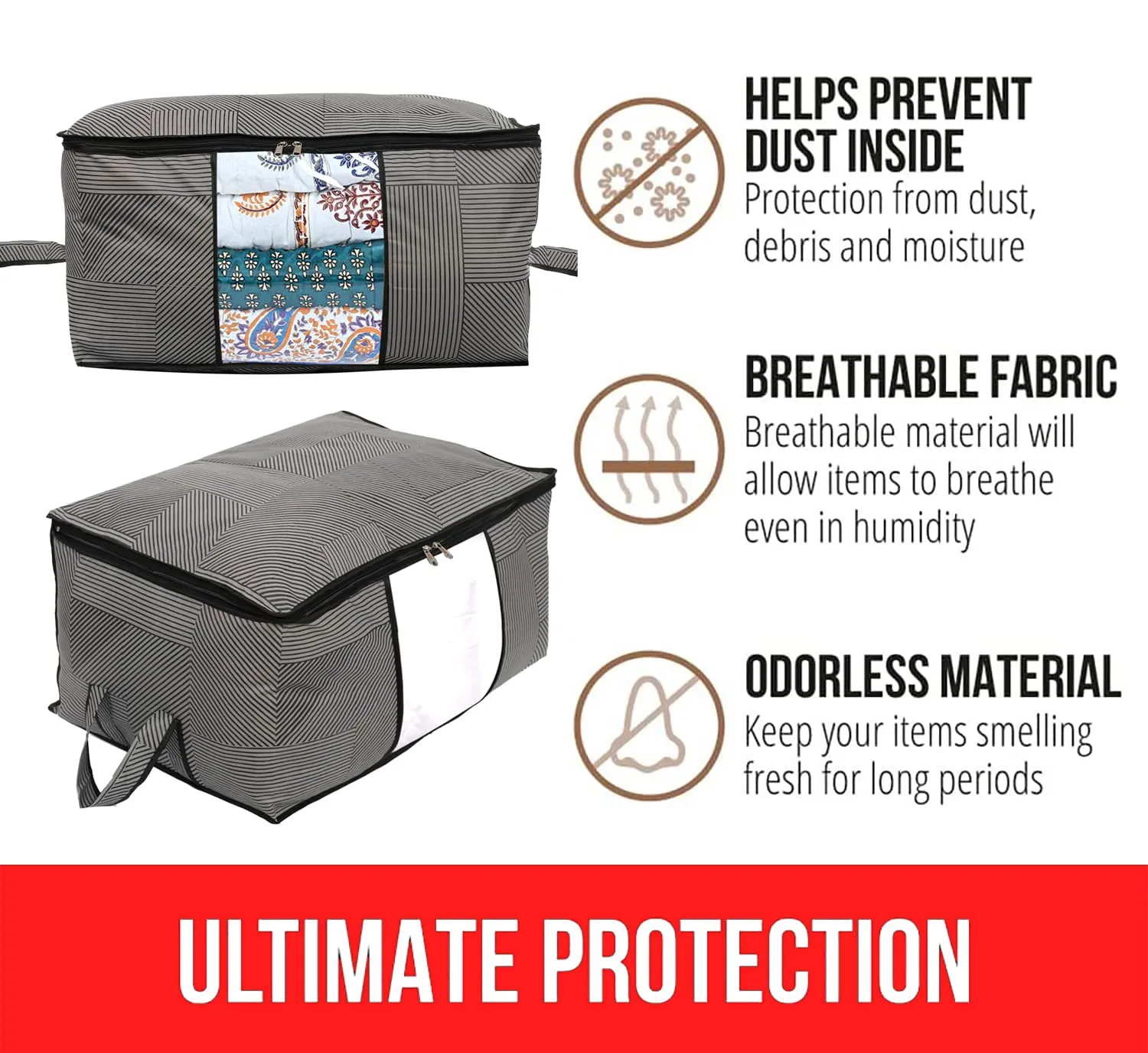 Kuber Industries Non-Woven Lining Print Blanket Cover|Clothes Organizer|Clothes Organizer With Transparent Window, Zipper Closure & Handle (Gray, Extra Large)